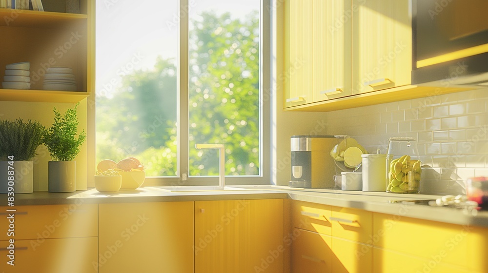 Close-up of home kitchen interior with yellow cabinet sink and window. Close-up of home kitchen interior with yellow cabinet sink and window.