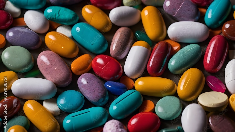 a variety of colored pharmaceutical pills and capsules, including vitamins, painkillers, and other medications, strewn all over the place to symbolize the diversity of healthcare and medications. a variety of colored pharmaceutical pills and capsules, including vitamins, painkillers, and other medications, strewn all over the place to symbolize the diversity of healthcare and medications.