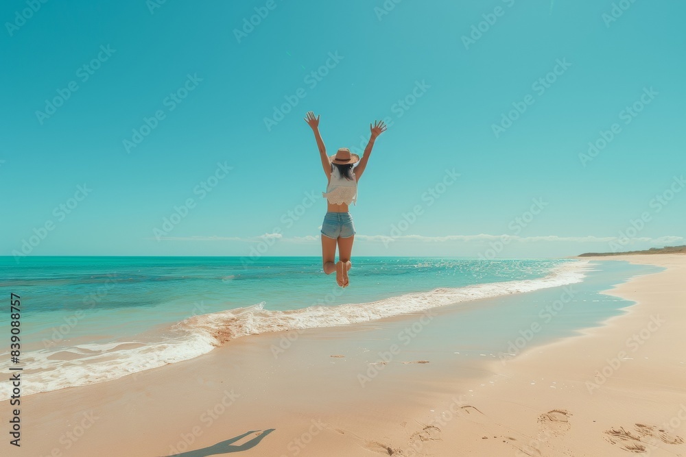 Joyful Woman Jumping on Sandy Beach Under Blue Sky Joyful Woman Jumping on Sandy Beach Under Blue Sky