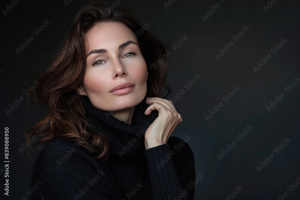 Confident middle aged woman in black turtleneck sweater portrait. Confident middle aged woman in black turtleneck sweater portrait.