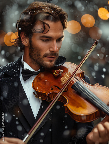 man playing violin with tuxedo