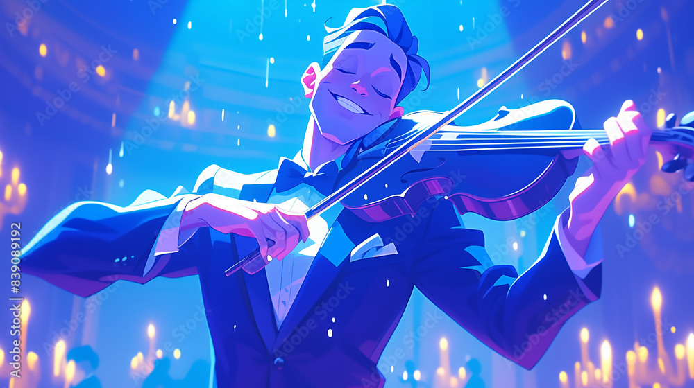 Fototapeta premium man playing violin, cartoon child book style
