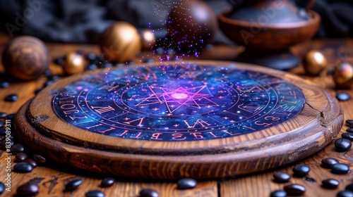 Seer casting fortunes with tarot card holograms, dusk light, medium angle, digital arcane studio, photographic style