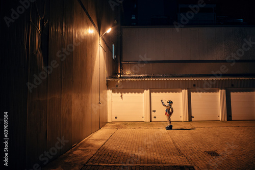 Spaceman standing under lamp at a yard at night