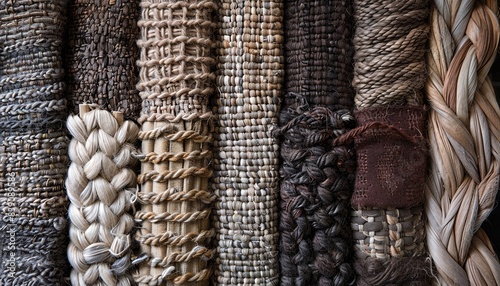 Close-up of various braided rope textures in neutral tones. The image showcases different weaving patterns and materials. photo