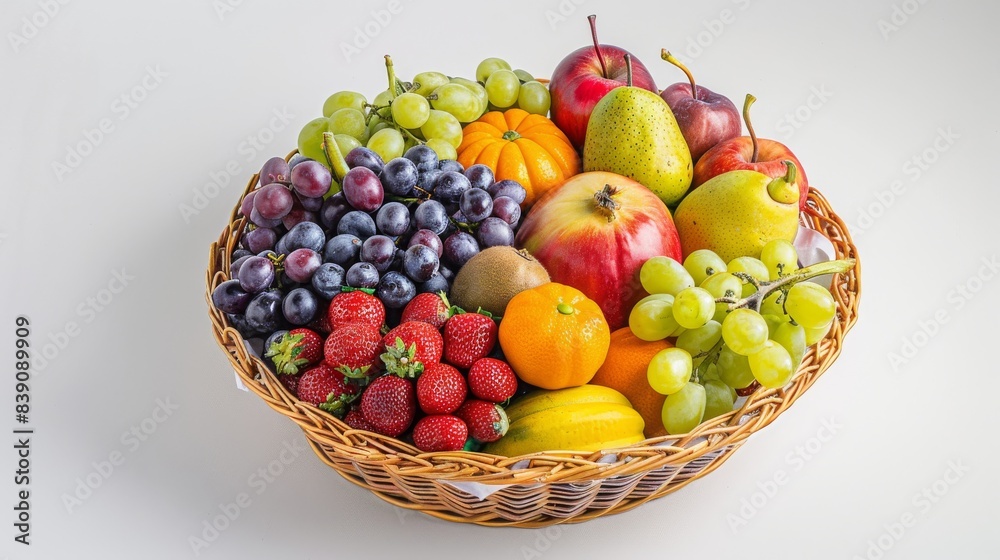 A topdown view of a basket filled with colorful fruits with light shining down A topdown view of a basket filled with colorful fruits with light shining down
