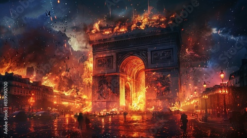Bastille Day. The city is on fire and smoke. Revolution and conquest. The joy of victory, fireworks.