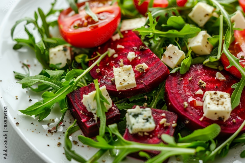Beetroot Salad with Rucola, Gorgonzola Cheese, Veggie Salat Bowl on White Restaurant Plate