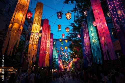 Tanabata. Japanese holiday with decor from paper lanterns and paper ribbons with wishes. Tanzaku. Bamboo.