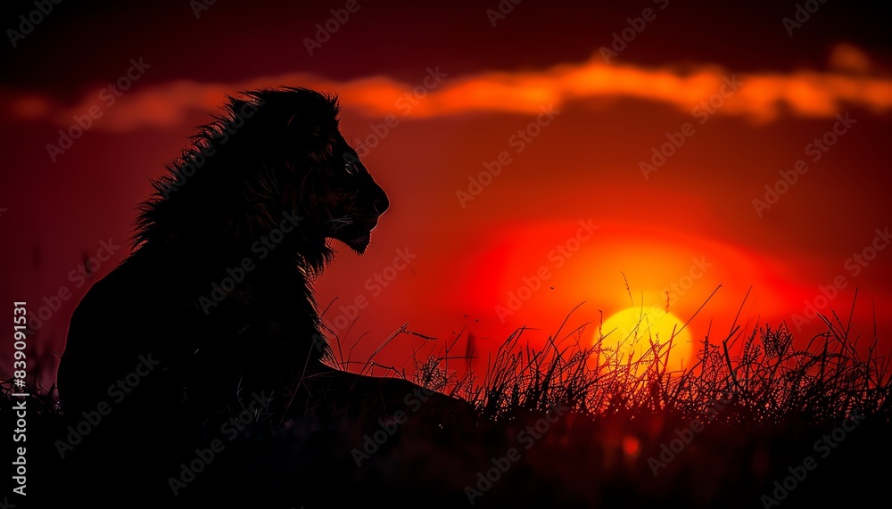 Silhouette of a lion against a fiery sunset in the African savanna. Silhouette of a lion against a fiery sunset in the African savanna.