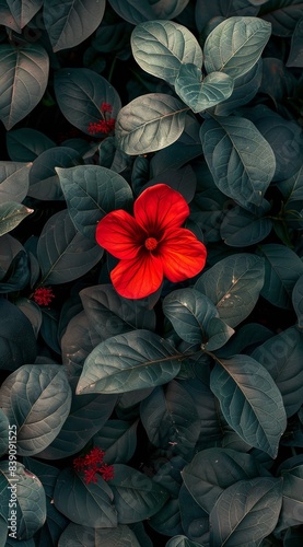 Single Red Flower Amidst Lush Green Foliage