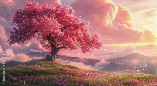 Pink Cherry Blossom Tree on a Hilltop at Sunset