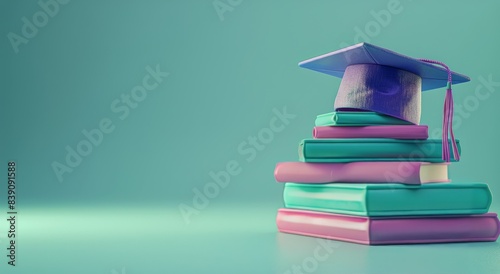 Graduation Cap Atop Stack of Books Against Teal Background