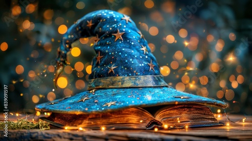 Wizard hat on open book, symbolizing magic and knowledge, ideal for fantasy enthusiasts and learners