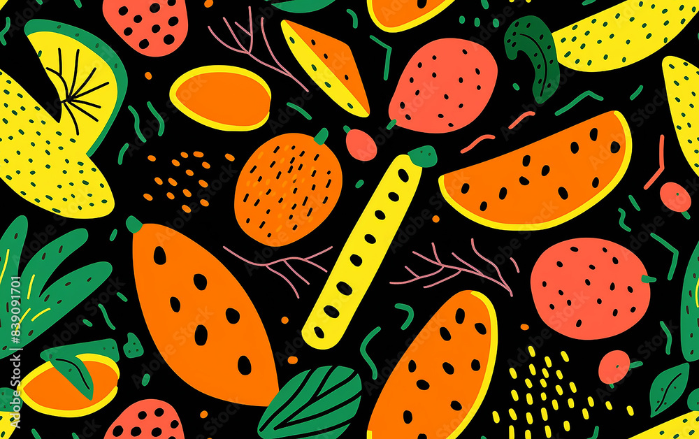 This is a seamless pattern of various fruits, including lemons, oranges, bananas, watermelons, and strawberries. The fruits are drawn in a cartoon style and are arranged in a repeating pattern. The ba This is a seamless pattern of various fruits, including lemons, oranges, bananas, watermelons, and strawberries. The fruits are drawn in a cartoon style and are arranged in a repeating pattern. The ba