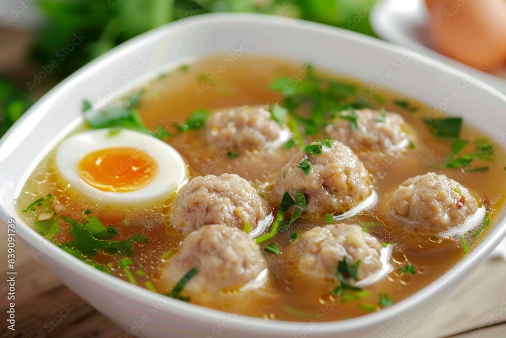 Chicken Soup with Meatballs, Clear Sturdy Seasoned Broth with Turkey Meat Balls, Boiled Quail Egg Chicken Soup with Meatballs, Clear Sturdy Seasoned Broth with Turkey Meat Balls, Boiled Quail Egg