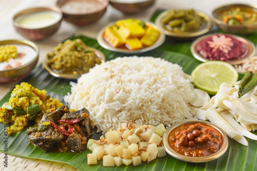 Kerala Food, Traditional food Onam Sadya served on a banana leaf on Festival day onam, Vegetarian meal with rice and curries Kerala Food, Traditional food Onam Sadya served on a banana leaf on Festival day onam, Vegetarian meal with rice and curries
