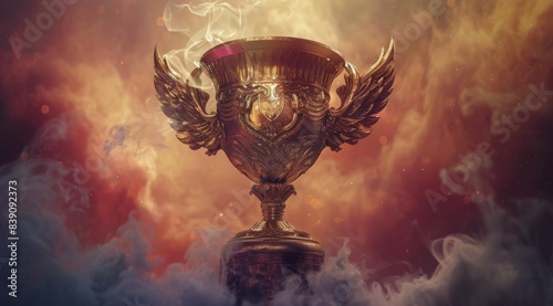 Golden Trophy With Smoke and Confetti Explosion