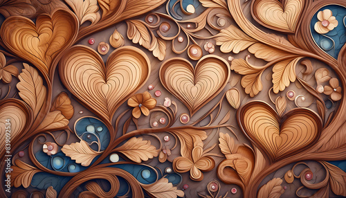 Retro Abstract Love Background texture. Wooden relief floral and love theme patterns. 14 february, valentine day concept. Wooden Embossed Flowers and Love Patterns - Retro Valentine's Day Illustration