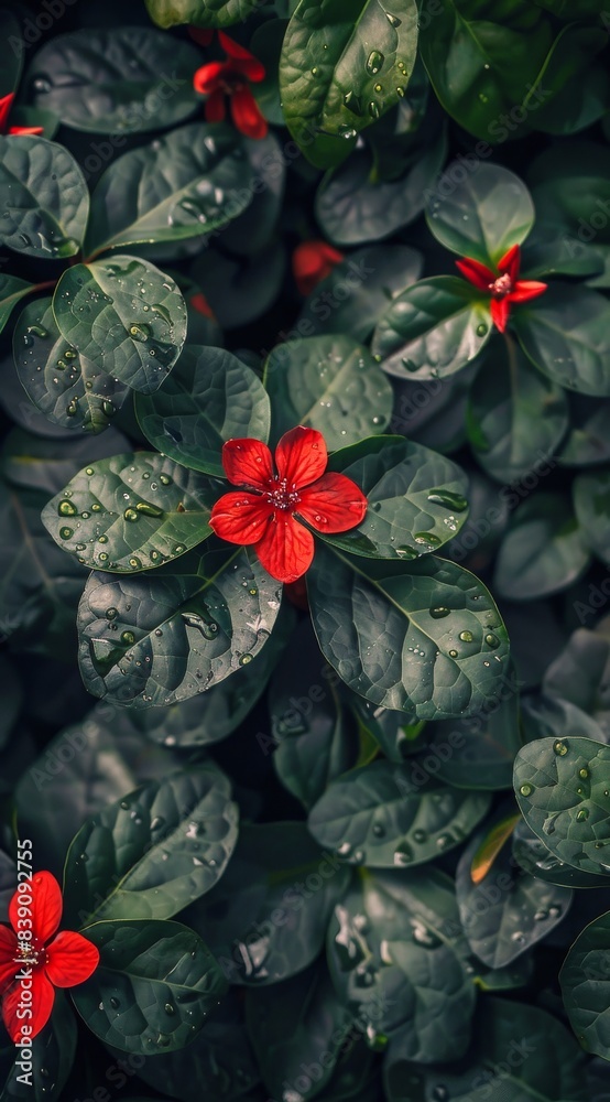 Fototapeta premium Single Red Flower Amidst Lush Green Foliage