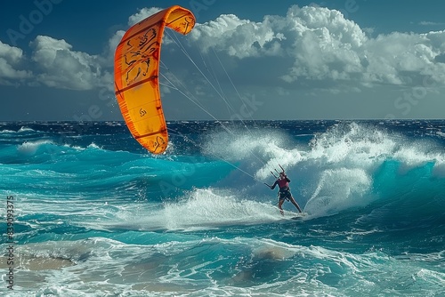 Kite Surfing: A kite surfer riding waves with a colorful kite, showing the combination of wind and water sports.