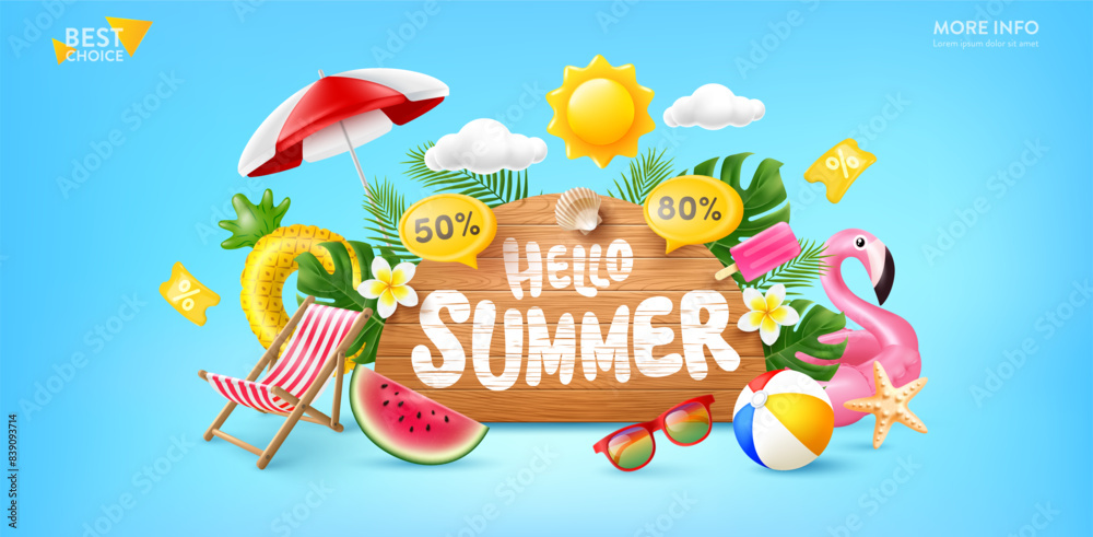 Hello Summer Poster or Banner template with Wooden Sign,Summer template ...