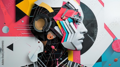 A paper collage design captures the essence of a futuristic robot, combining trendy art styles with cyber and futuristic motifs
