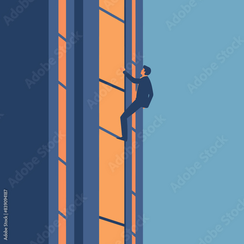 Man climbing corporate ladder metaphor management success career. Ambitious professional male ascending office hierarchy. Determined businessperson striving upwards workplace ambition