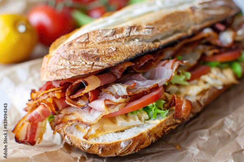 Delicious BLT Sandwich with Crispy Bacon, Tomato, Lettuce, and Cheese on Crusty Bread Delicious BLT Sandwich with Crispy Bacon, Tomato, Lettuce, and Cheese on Crusty Bread