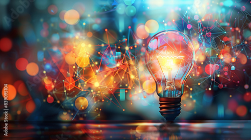 Close-up of a glowing light bulb with vibrant bursts of colors symbolizing creativity and innovation. 