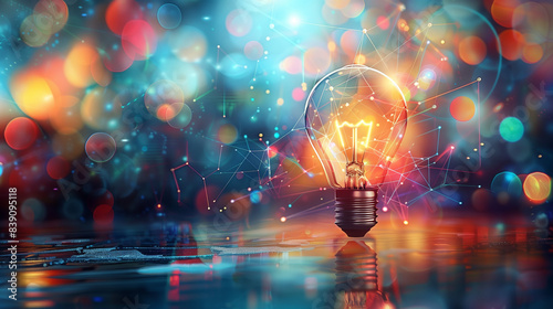 Close-up of a glowing light bulb with vibrant bursts of colors symbolizing creativity and innovation. 