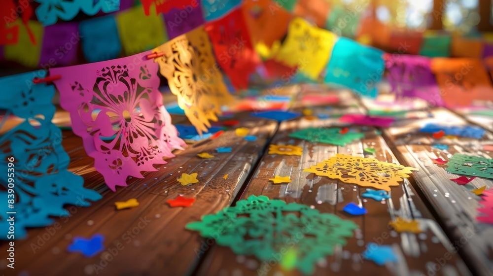 Low-angle view of an empty wooden table, adorned with vibrant Mexican fiesta decorations, soft focus on intricate papel picado and colorful streamers, photorealistic digital art