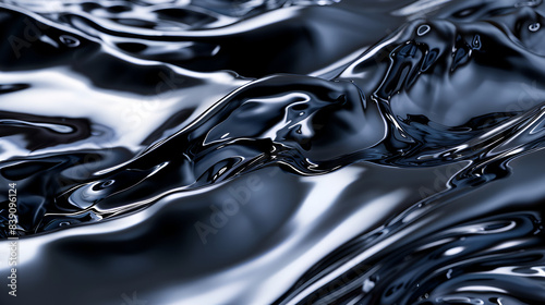 Radiant Reflections on a Noir Canvas, Metallic abstract wavy liquid background. 3d rende,Luxurious gray blue drapery fabric background.