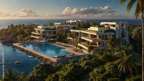 Fototapeta Naklejka Na Ścianę i Meble -  Ann advertisement enticing tourists to visit a luxury resort on a distant, idyllic planet ai_generated