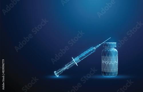 Syringe on a bottle with insulin. Diabetes type 1, 2 control and treatment concept. Low poly style. Abstract geometric background. Wireframe light connection structure. Modern blue 3d graphic. Vector