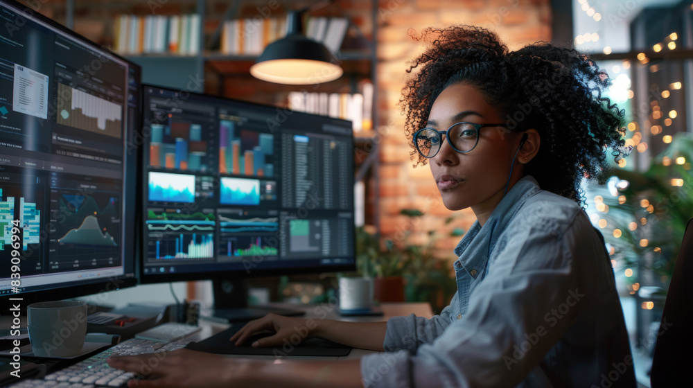 a Hispanic entrepreneur using AI for customer sentiment analysis in a contemporary office a Hispanic entrepreneur using AI for customer sentiment analysis in a contemporary office