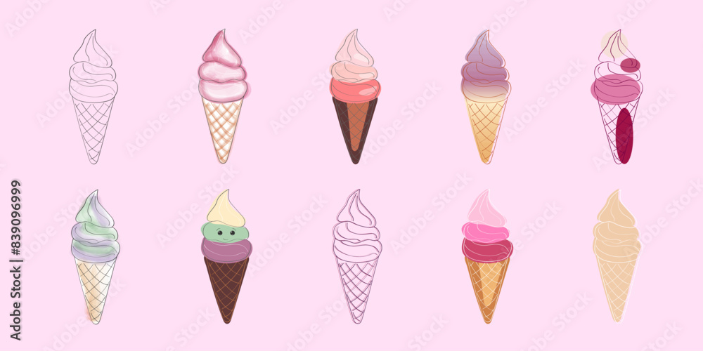 This image features ten colorful ice cream cones arranged on a pink background in three rows. The cones have different flavors, including vanilla, chocolate, strawberry, and mint This image features ten colorful ice cream cones arranged on a pink background in three rows. The cones have different flavors, including vanilla, chocolate, strawberry, and mint