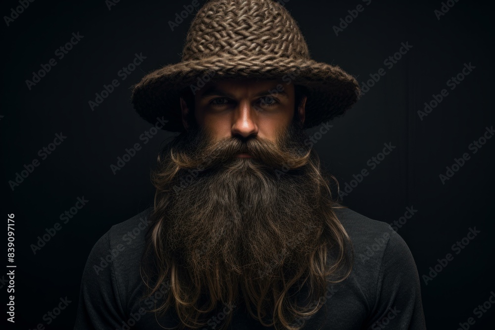 Portrait of a man with an impressive beard and a knitted hat in low key lighting Portrait of a man with an impressive beard and a knitted hat in low key lighting