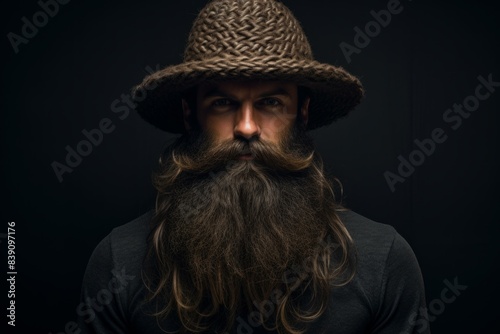 Portrait of a man with an impressive beard and a knitted hat in low key lighting photo