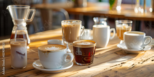 A row of coffee cups on a wooden table