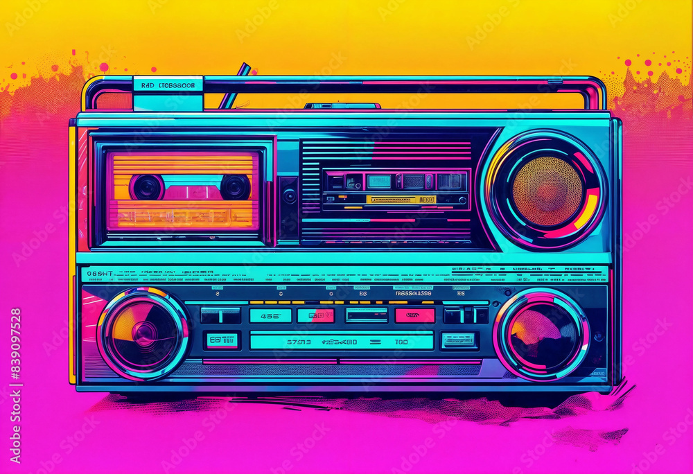 Fototapeta premium Retro Boombox with Cassette Tape in Vibrant Neon Colors – Pop Art Style Illustration of Vintage Audio Equipment on Gradient Background