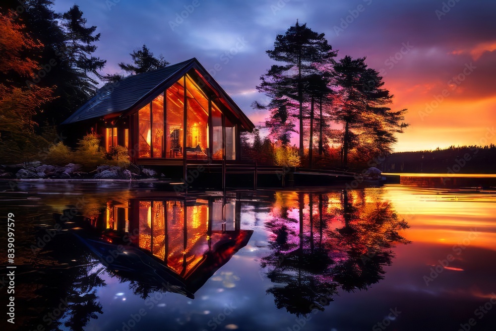 Rustic lakeside chalet, embraced by the colors of fall. A picturesque autumn landscape. Rustic lakeside chalet, embraced by the colors of fall. A picturesque autumn landscape.