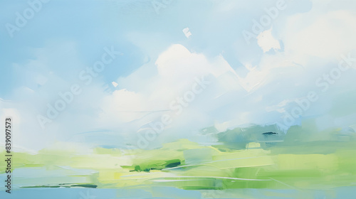 A minimalist landscape painting features a blue sky with puffy white clouds above a green and blue field