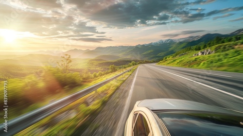 Car on the road, mountain lanscape background