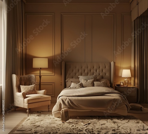 3D rendering of a modern bedroom interior design with a bed  armchair and floor lamp
