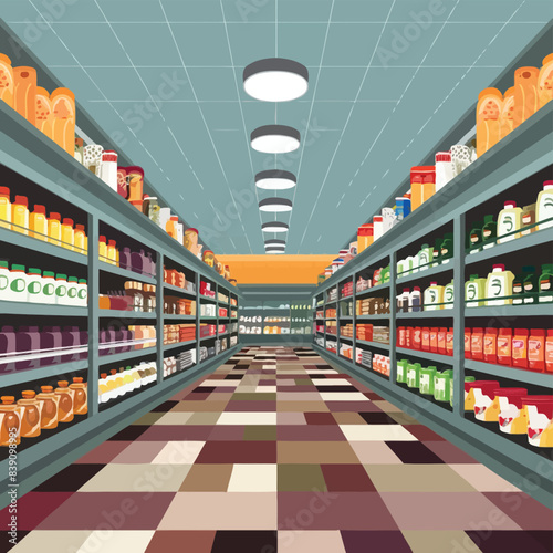 Aisle in grocery store and shelves with food vector background. Supermarket interior background perspective view. Merchandise in hypermarket with display shelf full of products to buy