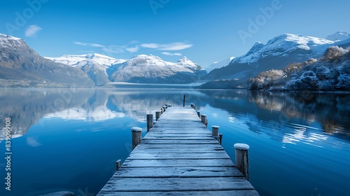 Pristine mountain lake reflecting snow-capped peaks, with a wooden pier jutting out into the calm water under a bright blue sky. 