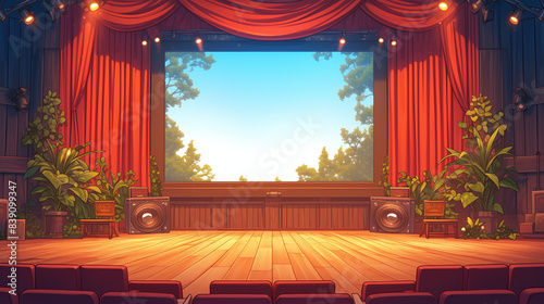 theater stage with red curtain, cartoon book style