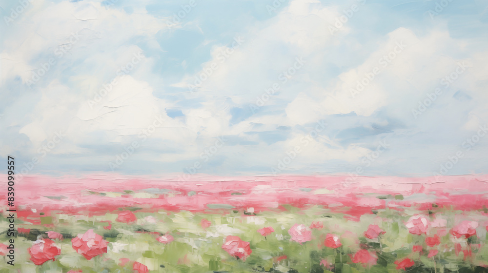 Obraz premium Minimalist landscape painting of a pink flower field, set against a backdrop of a blue sky