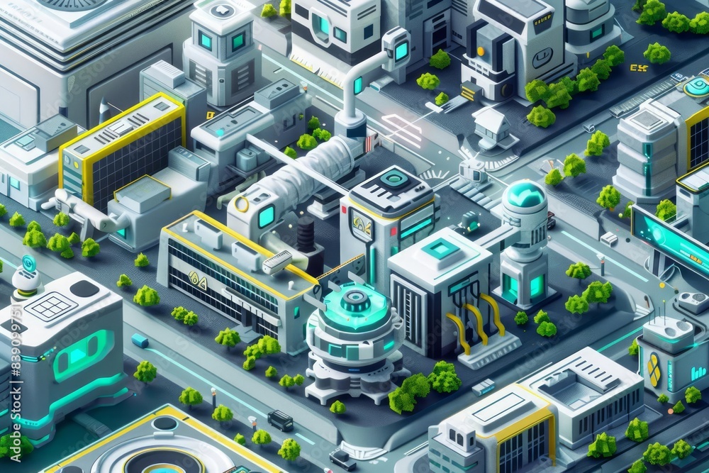 In a futuristic 3D isometric scene, the role of CSR in building successful and sustainable businesses is emphasized